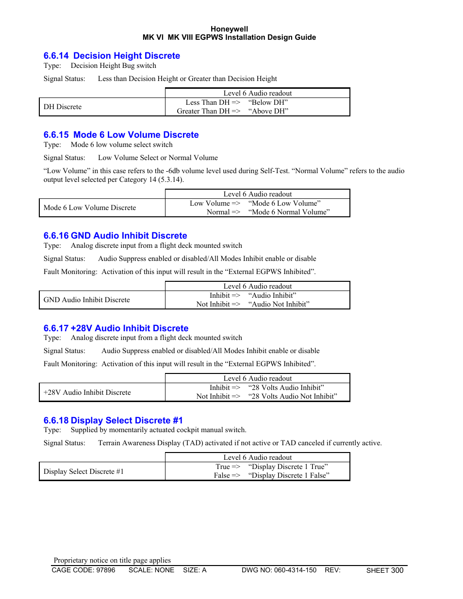 Decision height discrete, Mode 6 low volume discrete, Gnd audio inhibit discrete | 28v audio inhibit discrete, Display select discrete #1 | Honeywell MK VI User Manual | Page 300 / 326