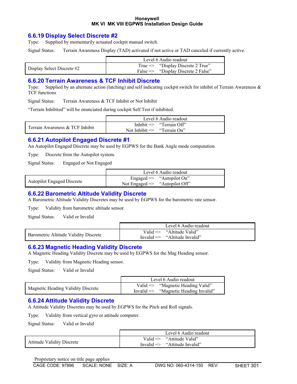 Display select discrete #2, Terrain awareness & tcf inhibit discrete, Autopilot engaged discrete #1 | Barometric altitude validity discrete, Magnetic heading validity discrete, Attitude validity discrete | Honeywell MK VI User Manual | Page 301 / 326