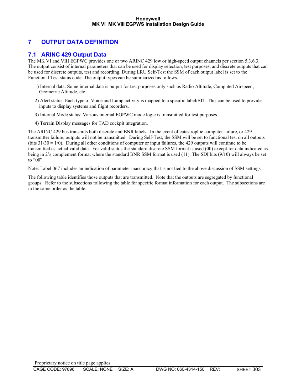 Output data definition, Arinc 429 output data | Honeywell MK VI User Manual | Page 303 / 326