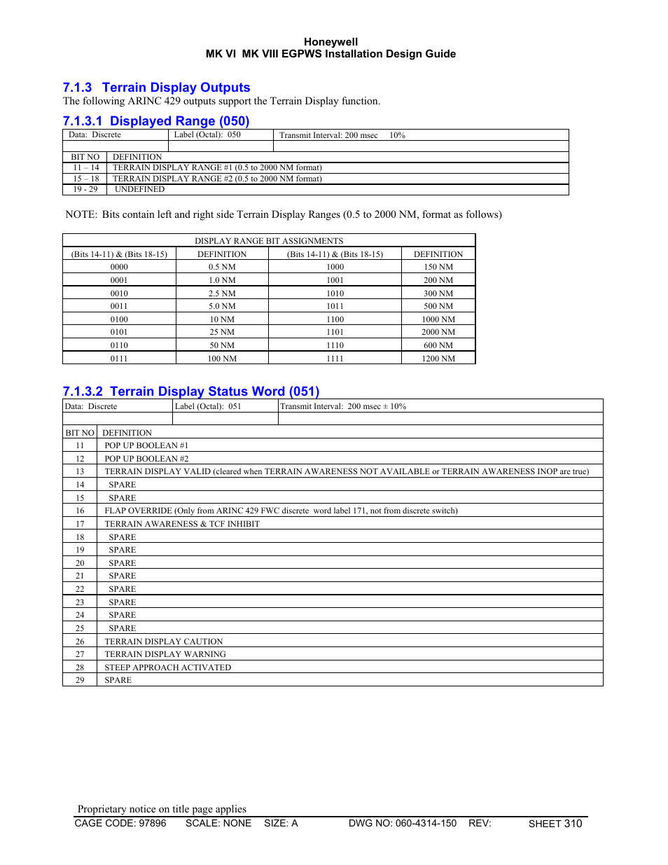 Terrain display outputs, Displayed range (050), Terrain display status word (051) | 3 terrain display outputs, 1 displayed range (050), 2 terrain display status word (051) | Honeywell MK VI User Manual | Page 310 / 326