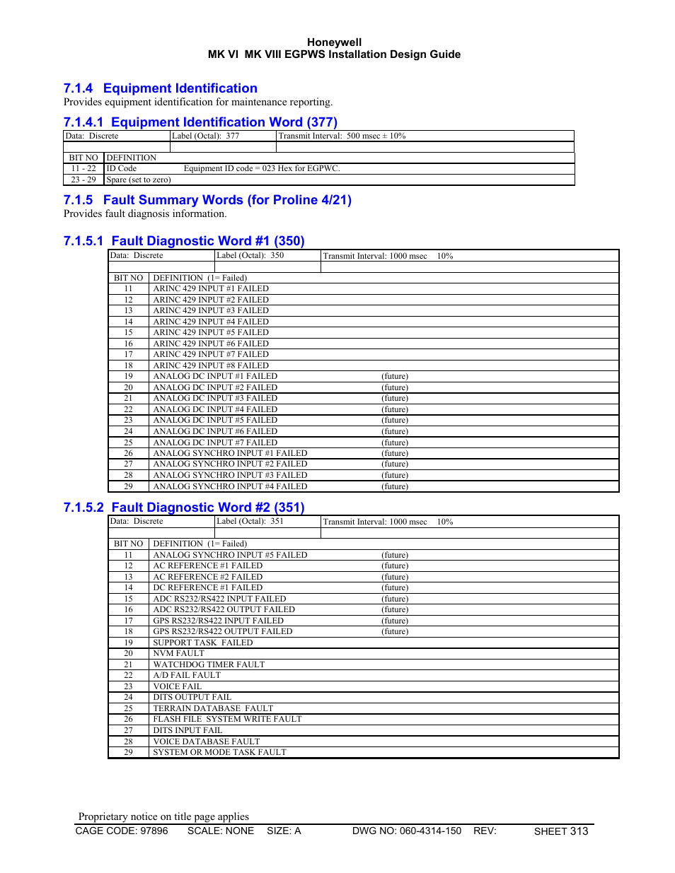 Equipment identification, Equipment identification word (377), Fault summary words (for proline 4/21) | Fault diagnostic word #1 (350), Fault diagnostic word #2 (351), 4 equipment identification, 1 equipment identification word (377), 5 fault summary words (for proline 4/21) | Honeywell MK VI User Manual | Page 313 / 326