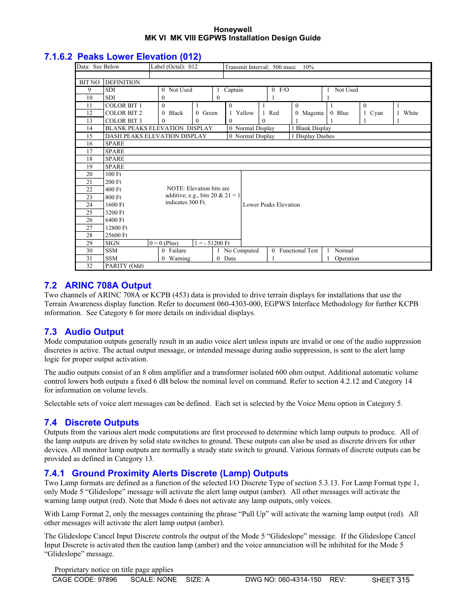 Peaks lower elevation (012), Arinc 708a output, Audio output | Discrete outputs, Ground proximity alerts discrete (lamp) outputs, 2 peaks lower elevation (012), 2 arinc 708a output, 3 audio output, 4 discrete outputs, 1 ground proximity alerts discrete (lamp) outputs | Honeywell MK VI User Manual | Page 315 / 326