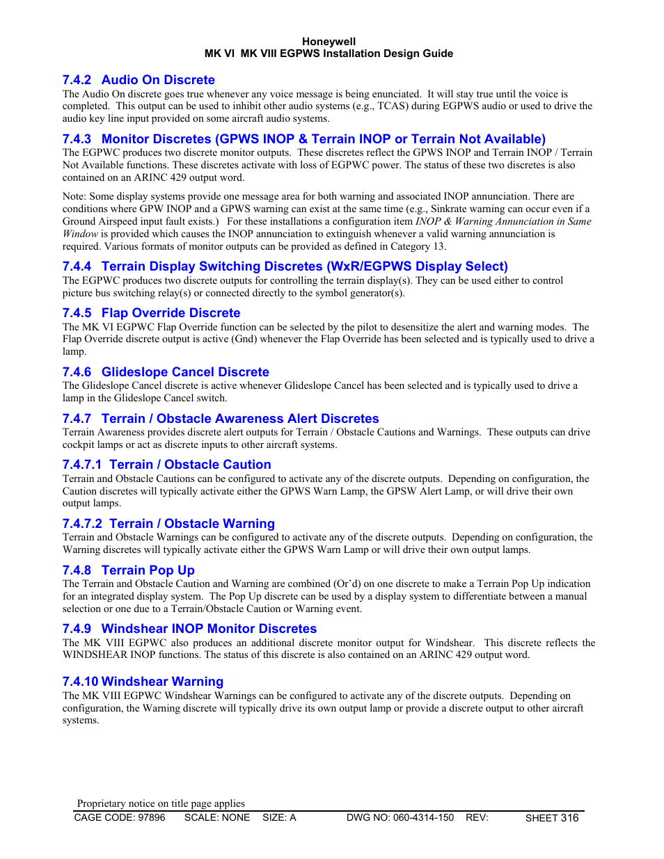 Audio on discrete, Flap override discrete, Glideslope cancel discrete | Terrain / obstacle awareness alert discretes, Terrain / obstacle caution, Terrain / obstacle warning, Terrain pop up, Windshear inop monitor discretes, Windshear warning | Honeywell MK VI User Manual | Page 316 / 326