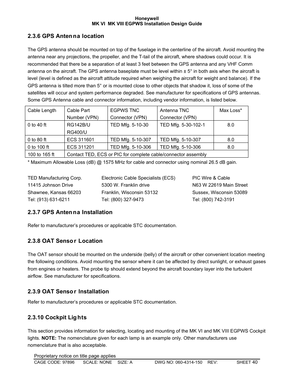 Gps antenna location, Gps antenna installation, Oat sensor location | Oat sensor installation, Cockpit lights | Honeywell MK VI User Manual | Page 40 / 326