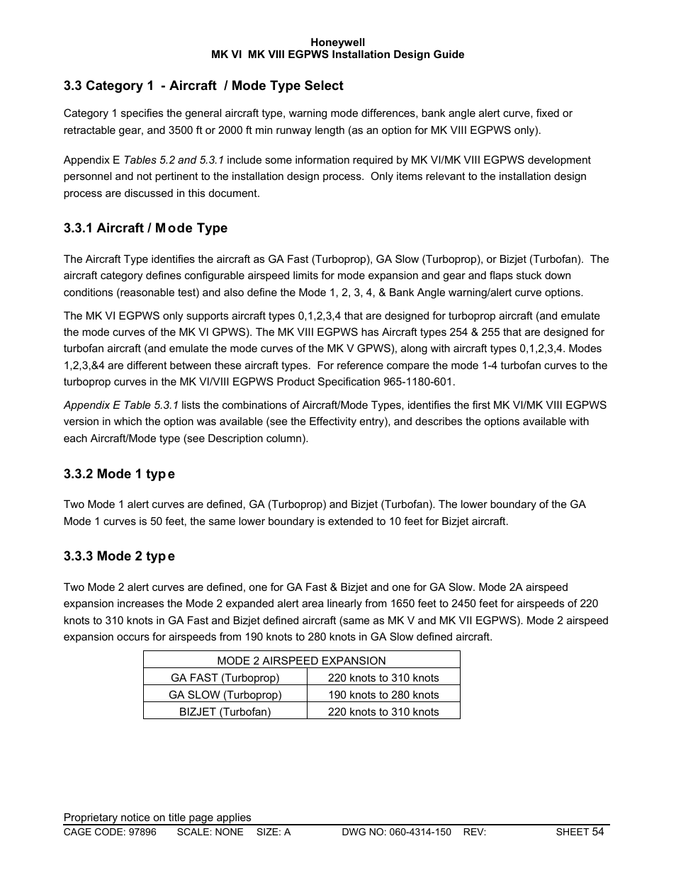 Category 1 - aircraft / mode type select, Aircraft / mode type, Mode 1 type | Mode 2 type | Honeywell MK VI User Manual | Page 54 / 326