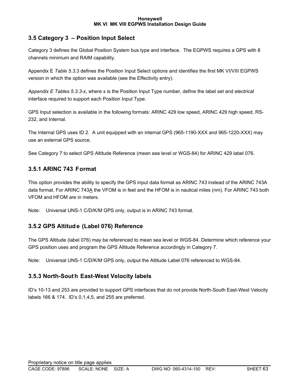 Category 3 – position input select, Arinc 743 format, Gps altitude (label 076) reference | North-south east-west velocity labels | Honeywell MK VI User Manual | Page 63 / 326