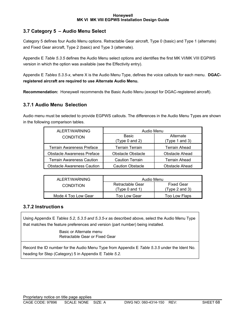 Category 5 – audio menu select, Audio menu selection, Instructions | Honeywell MK VI User Manual | Page 68 / 326