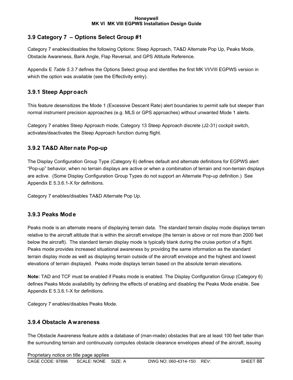 Category 7 – options select group #1, Steep approach, Ta&d alternate pop-up | Peaks mode, Obstacle awareness | Honeywell MK VI User Manual | Page 88 / 326