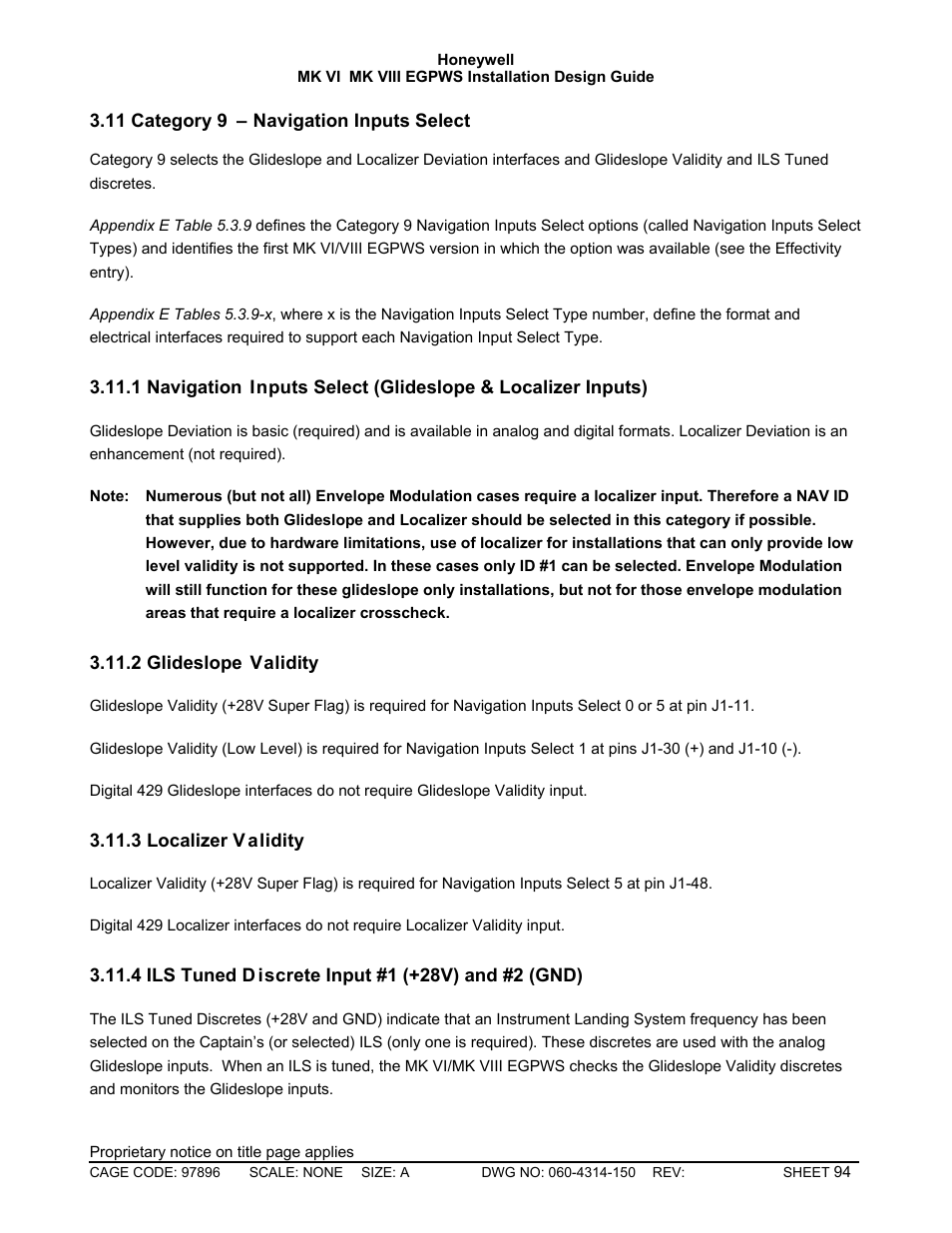 Category 9 – navigation inputs select, Glideslope validity, Localizer validity | Ils tuned discrete input #1 (+28v) and #2 (gnd) | Honeywell MK VI User Manual | Page 94 / 326