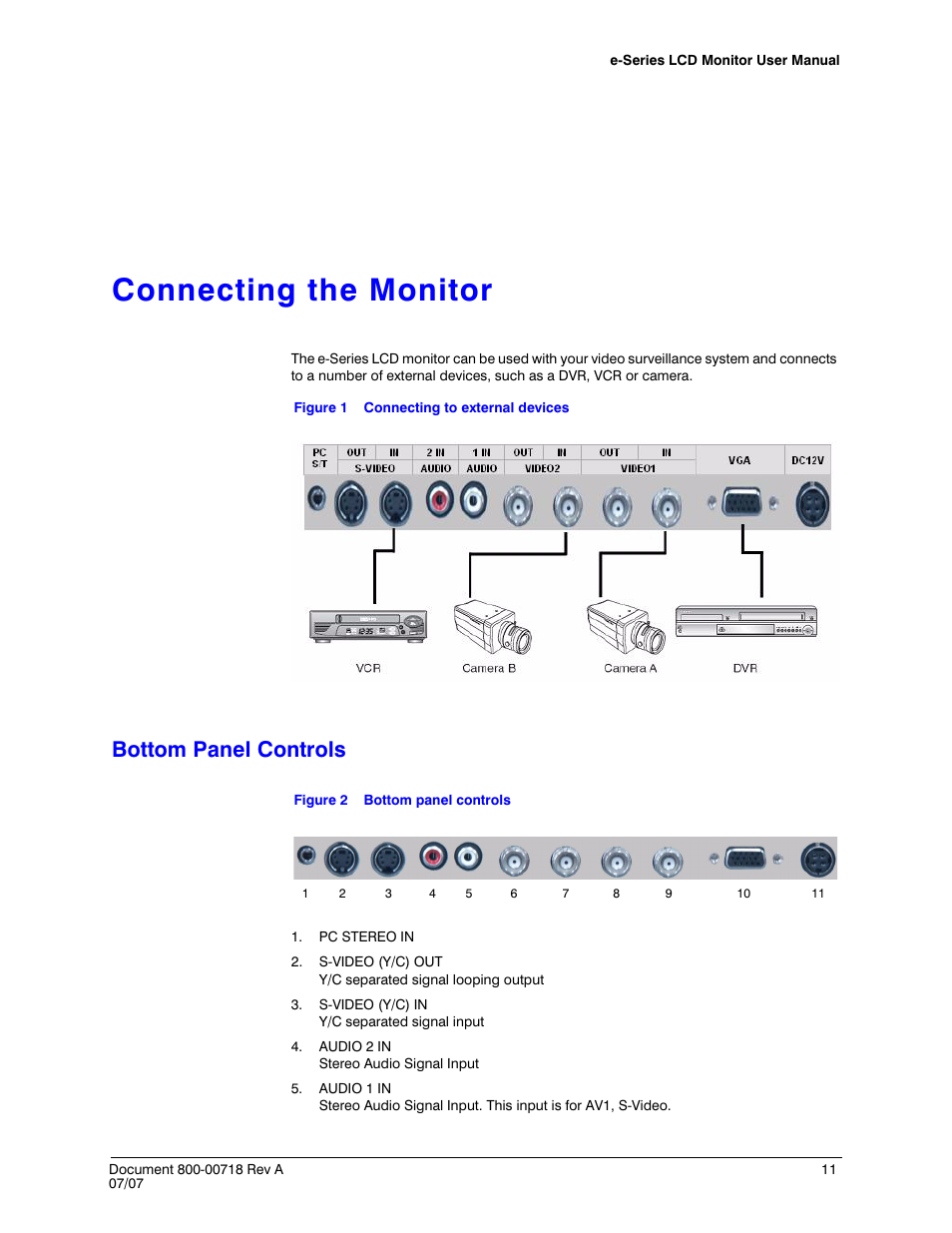 Connecting the monitor, Bottom panel controls, Figure 1 | Connecting to external devices, Figure 2 | Honeywell HMLCD17e2 User Manual | Page 11 / 26