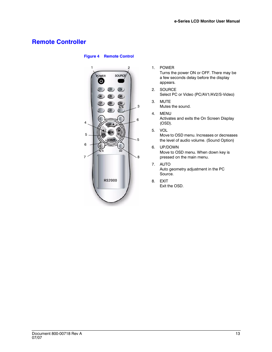 Remote controller, Figure 4, Remote control | Honeywell HMLCD17e2 User Manual | Page 13 / 26