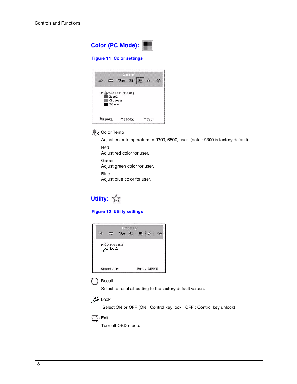 Color (pc mode), Utility, Figure 11 | Color settings, Figure 12, Utility settings | Honeywell HMLCD17e2 User Manual | Page 18 / 26