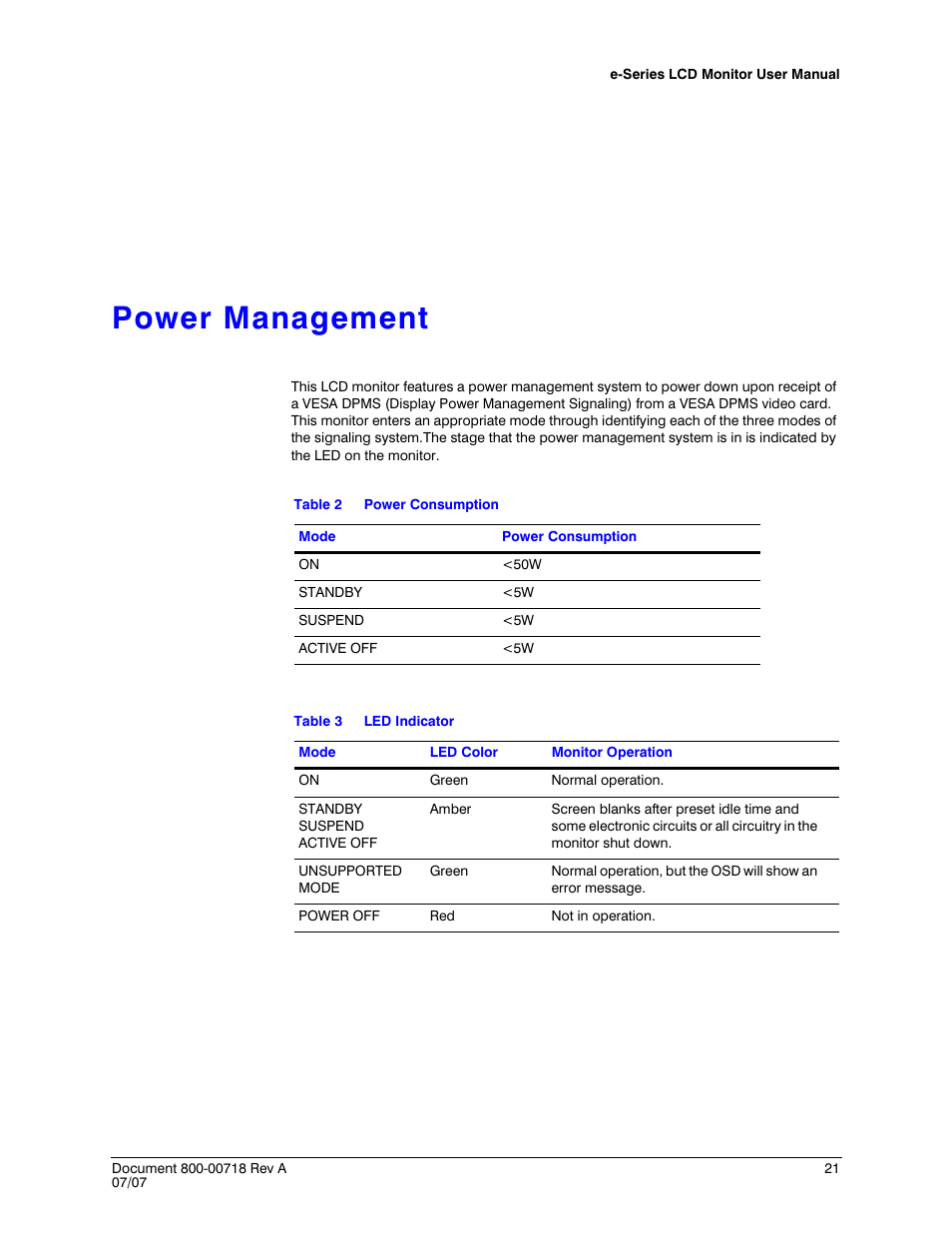 Power management, Table 2, Power consumption | Table 3, Led indicator | Honeywell HMLCD17e2 User Manual | Page 21 / 26