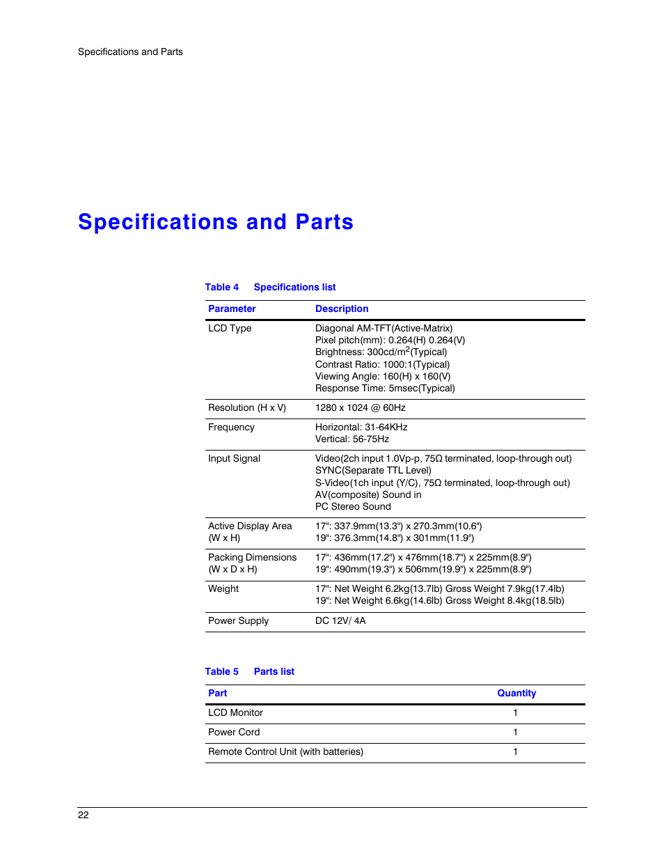 Specifications and parts, Table 4, Specifications list | Table 5, Parts list | Honeywell HMLCD17e2 User Manual | Page 22 / 26