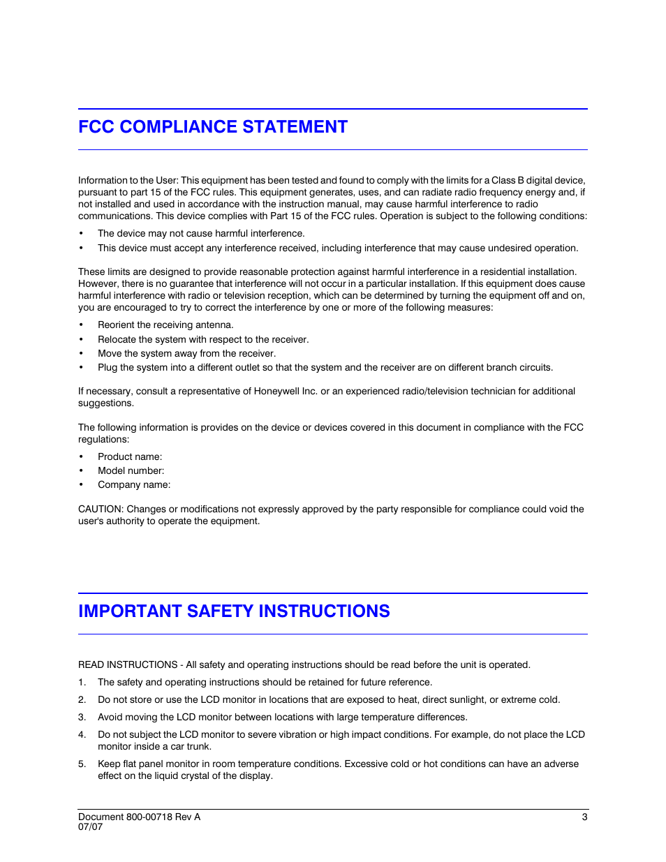 Fcc compliance statement, Important safety instructions | Honeywell HMLCD17e2 User Manual | Page 3 / 26