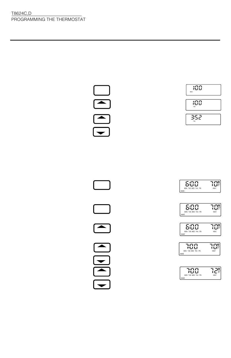 Programming the thermostat, T8624c,d programming the thermostat | Honeywell CHRONOTHERM T8624C User Manual | Page 14 / 24