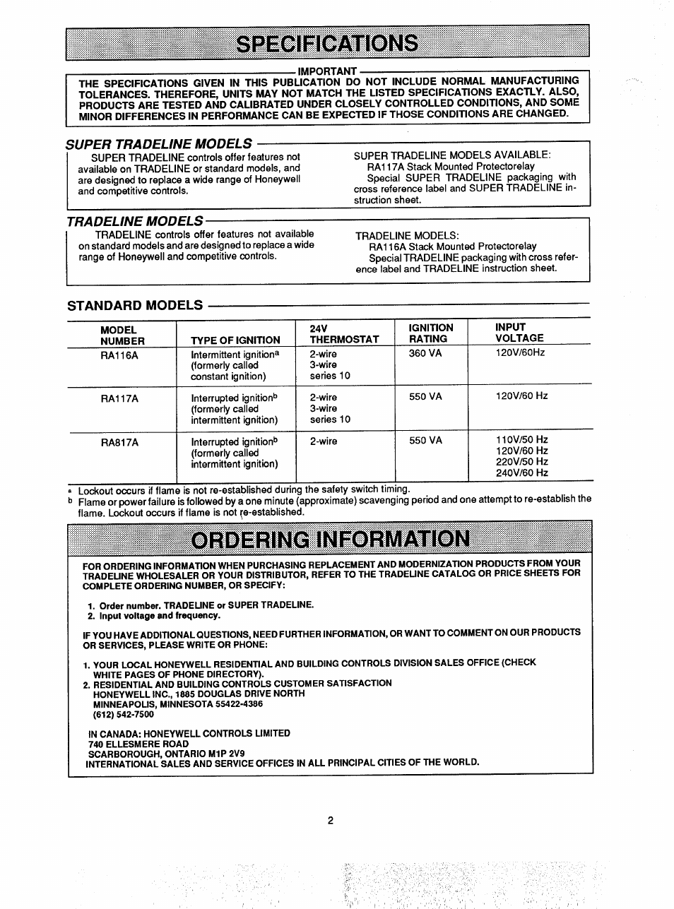 Standard models, Super tradeune models, Tradeline models | Honeywell RA117A User Manual | Page 2 / 10