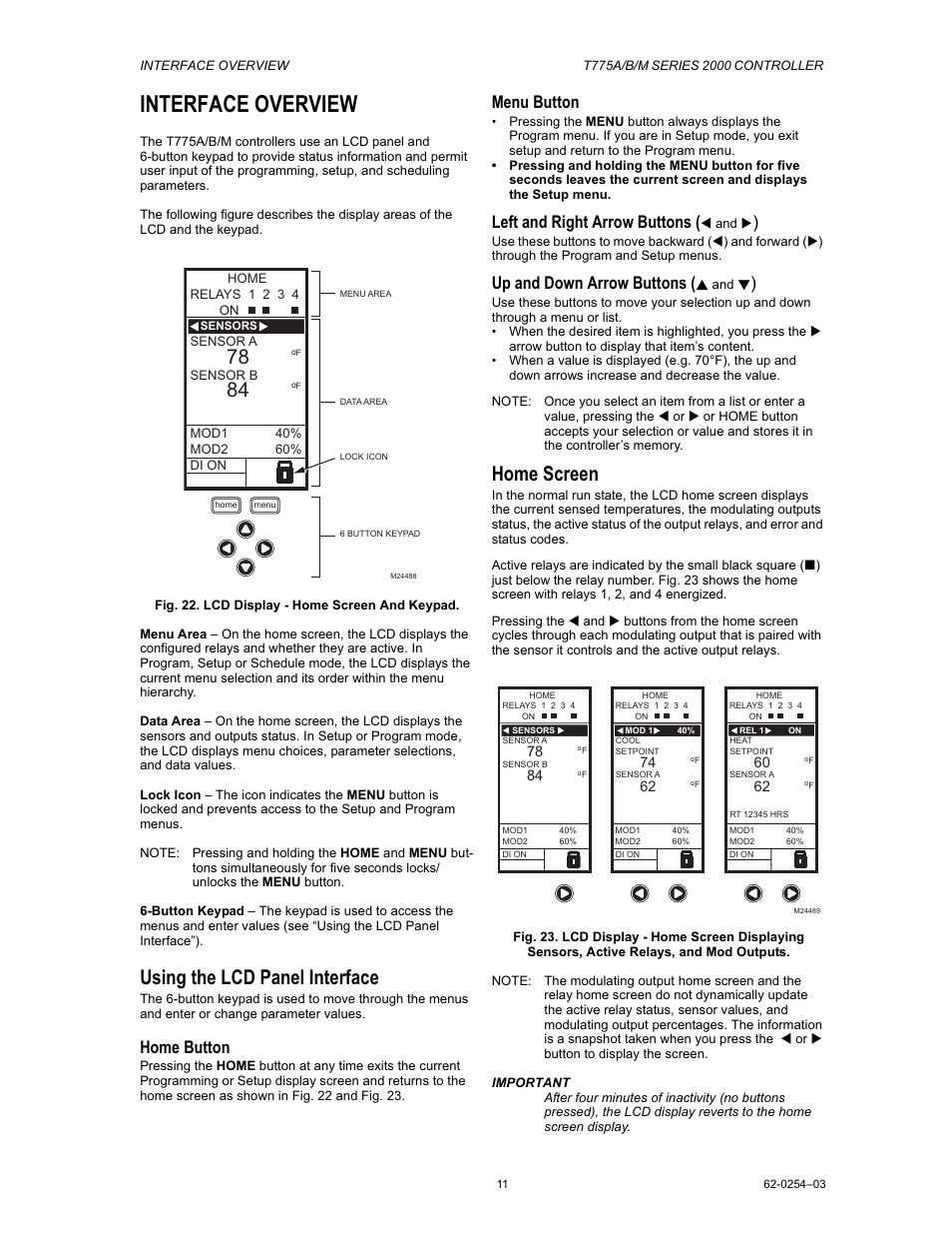 Interface overview, Using the lcd panel interface, Home screen | Home button, Menu button, Left and right arrow buttons, Up and down arrow buttons | Van Air Systems FP-4 Kit User Manual | Page 19 / 44