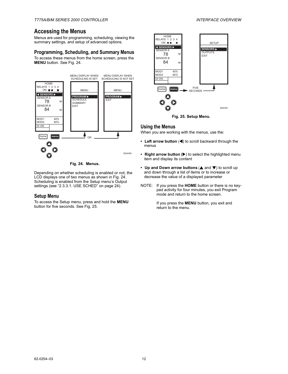 Accessing the menus, Programming, scheduling, and summary menus, Setup menu | Using the menus | Van Air Systems FP-4 Kit User Manual | Page 20 / 44