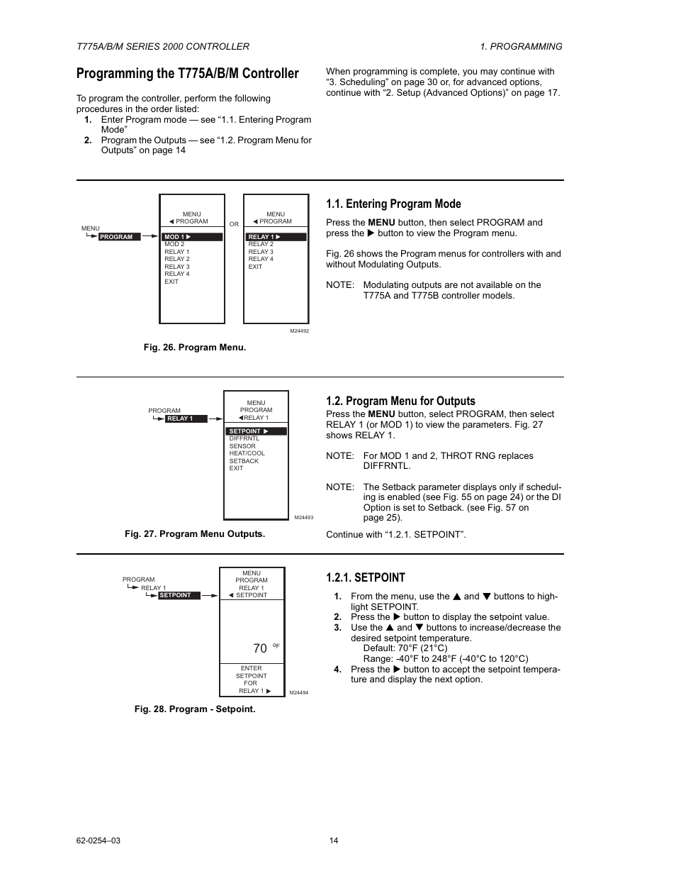 Programming the t775a/b/m controller, Entering program mode, Program menu for outputs | Setpoint | Van Air Systems FP-4 Kit User Manual | Page 22 / 44