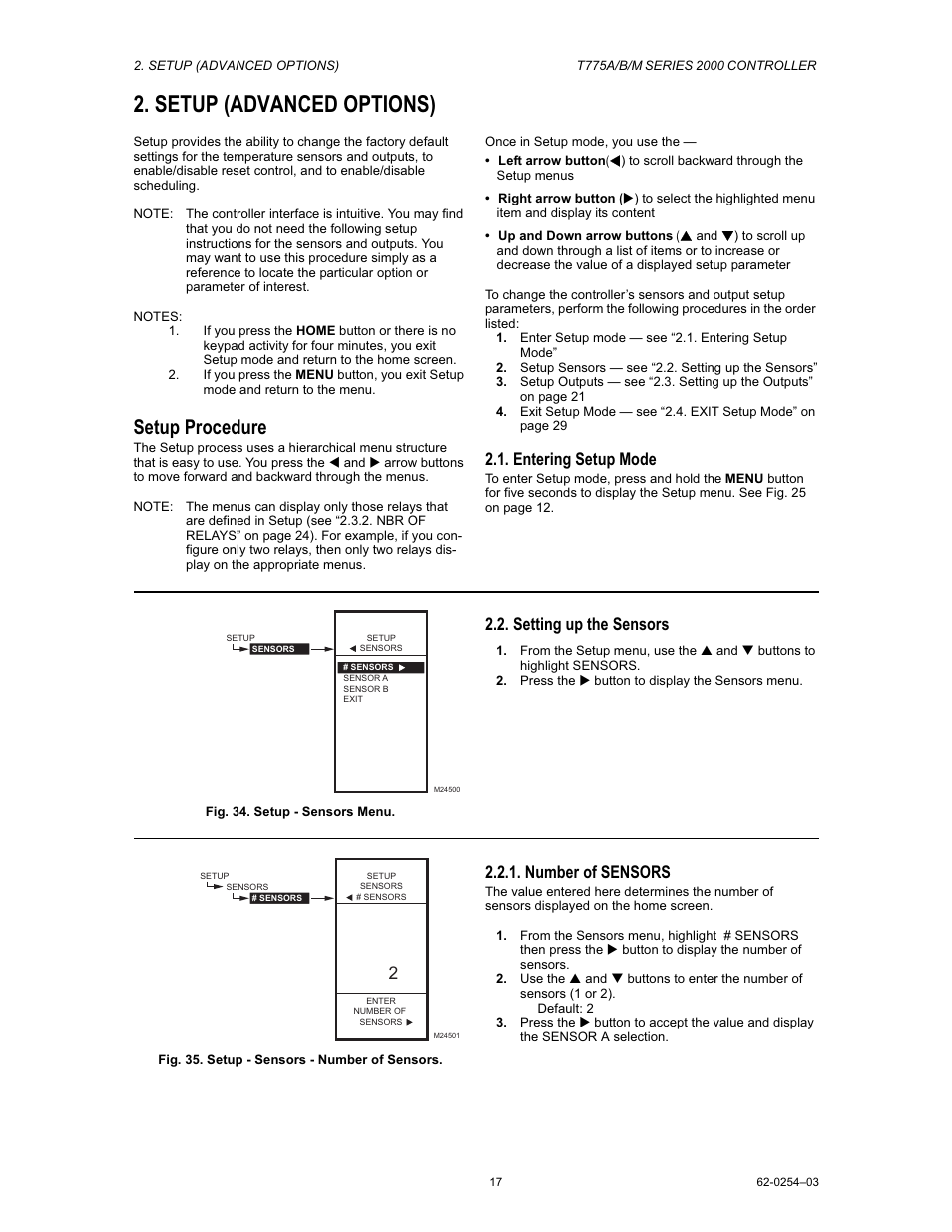 Setup (advanced options), Setup procedure, Entering setup mode | Setting up the sensors, Number of sensors | Van Air Systems FP-4 Kit User Manual | Page 25 / 44