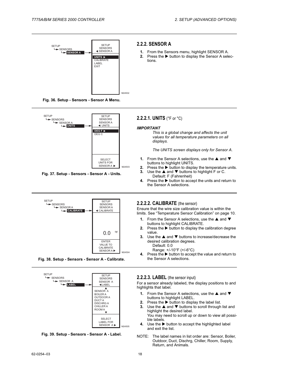 Sensor a, Units, Calibrate | Label | Van Air Systems FP-4 Kit User Manual | Page 26 / 44
