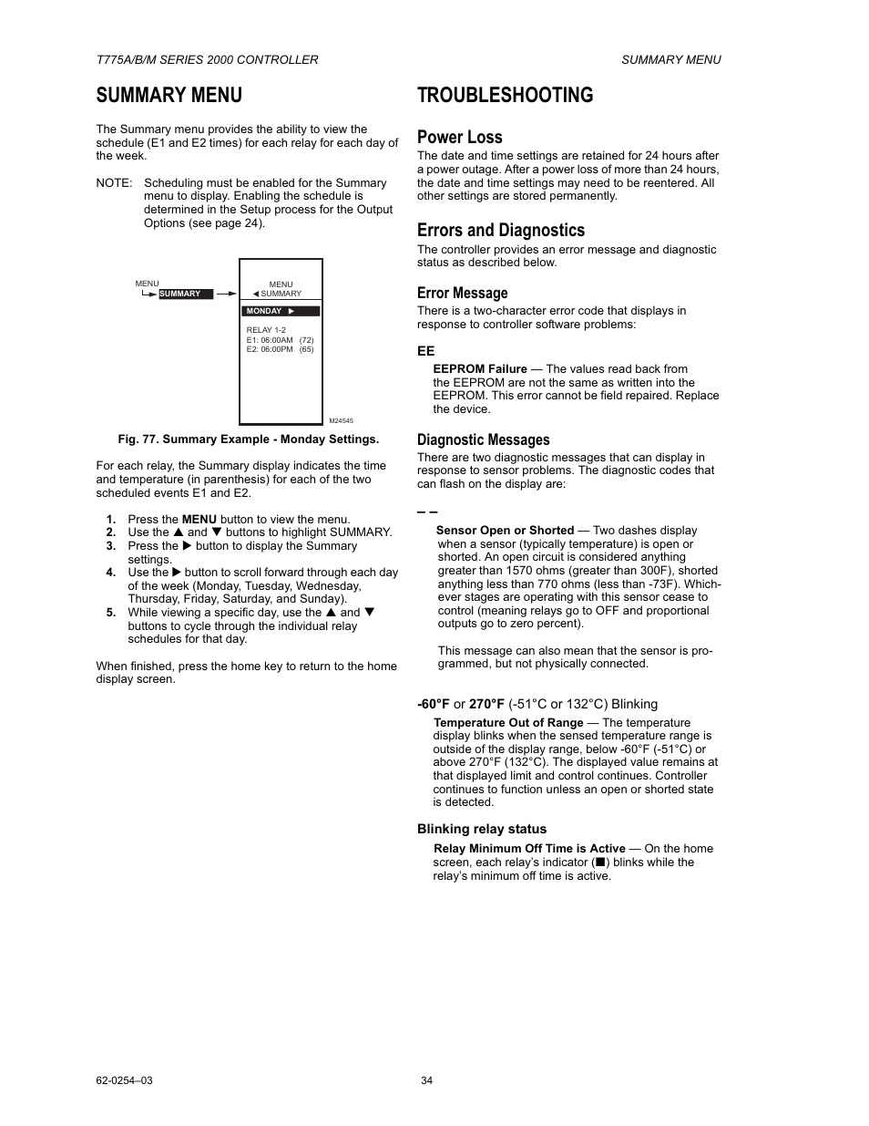 Summary menu, Troubleshooting, Power loss | Errors and diagnostics, Error message, Diagnostic messages | Van Air Systems FP-4 Kit User Manual | Page 42 / 44