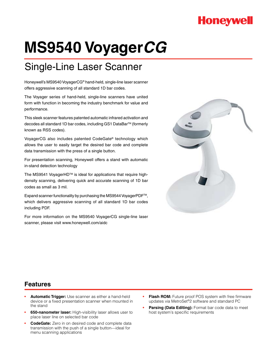 Honeywell VoyagerCG MS9540 User Manual | 2 pages