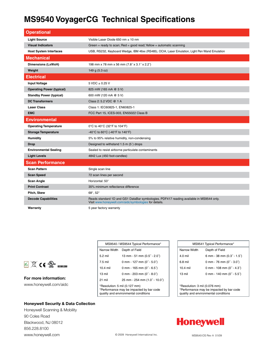 Ms9540 voyagercg technical specifications, Operational, Mechanical | Electrical, Environmental, Scan performance | Honeywell VoyagerCG MS9540 User Manual | Page 2 / 2