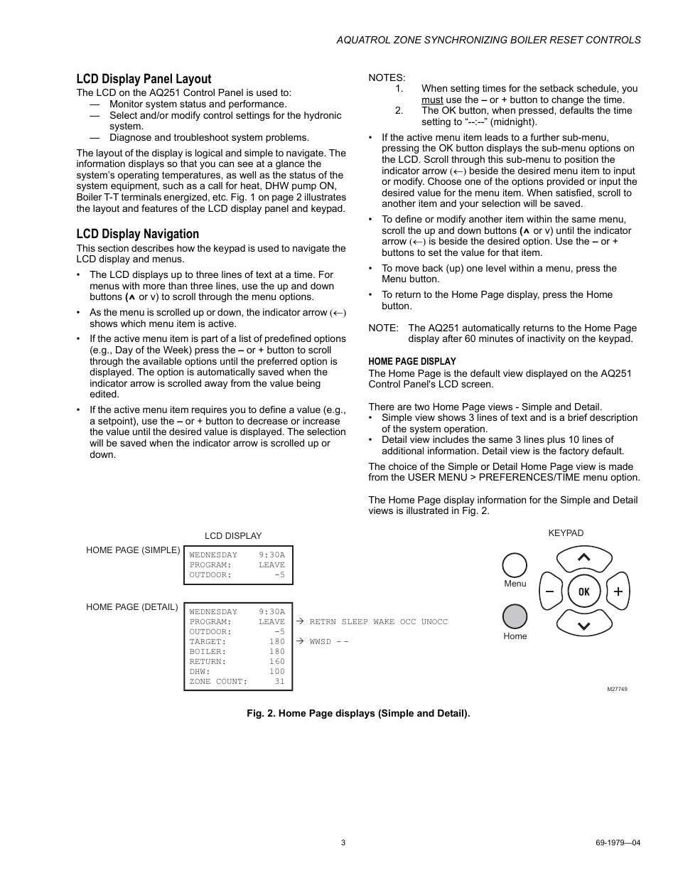 Lcd display panel layout, Lcd display navigation | Honeywell RESET CONTROLS AQ251 User Manual | Page 3 / 8