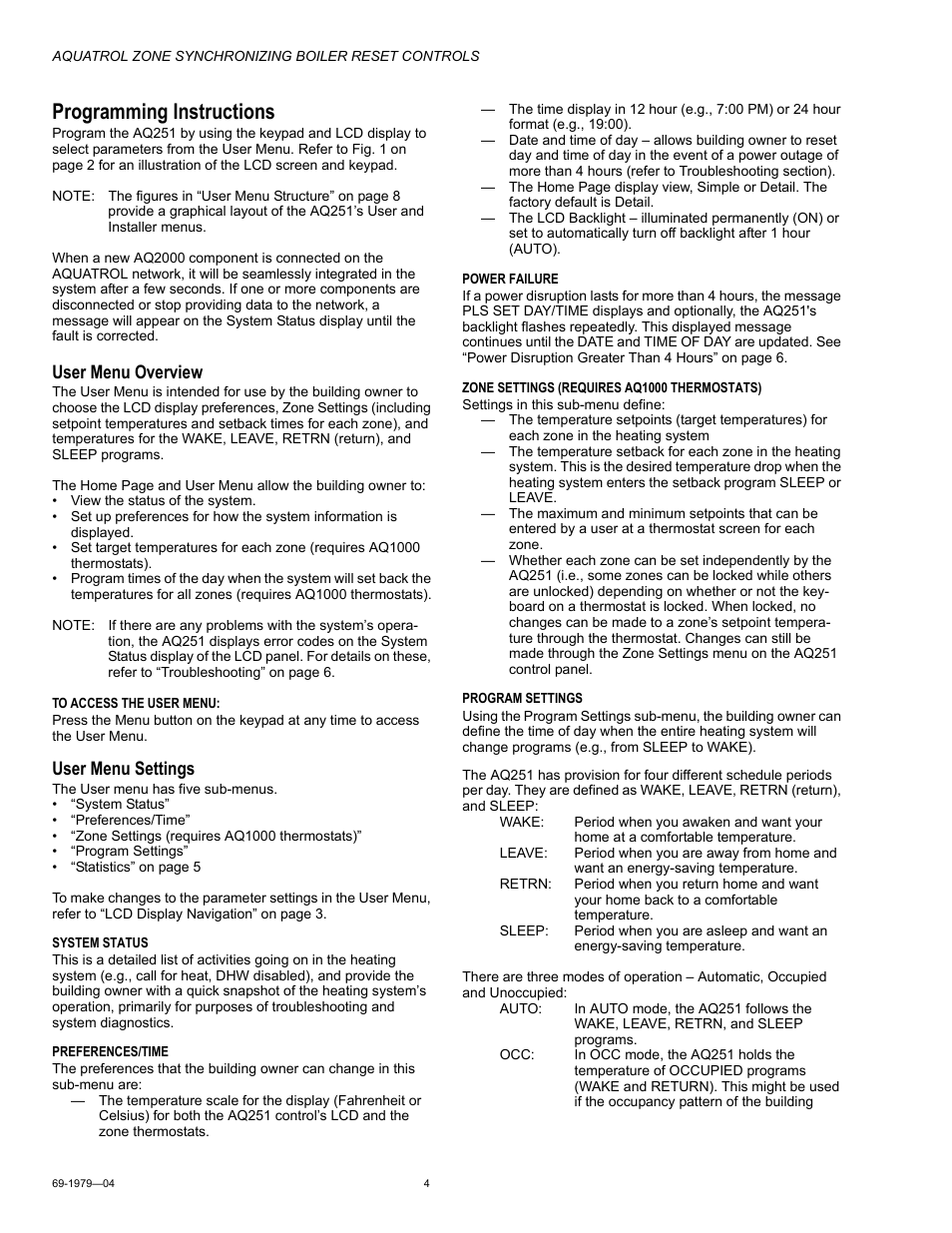 Programming instructions, User menu overview, User menu settings | Honeywell RESET CONTROLS AQ251 User Manual | Page 4 / 8