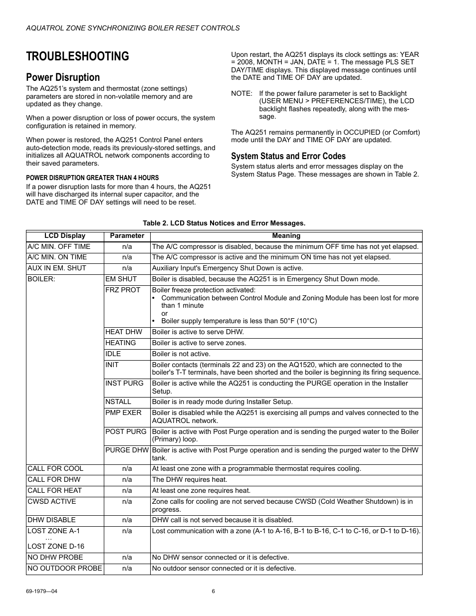 Troubleshooting, Power disruption, System status and error codes | Honeywell RESET CONTROLS AQ251 User Manual | Page 6 / 8