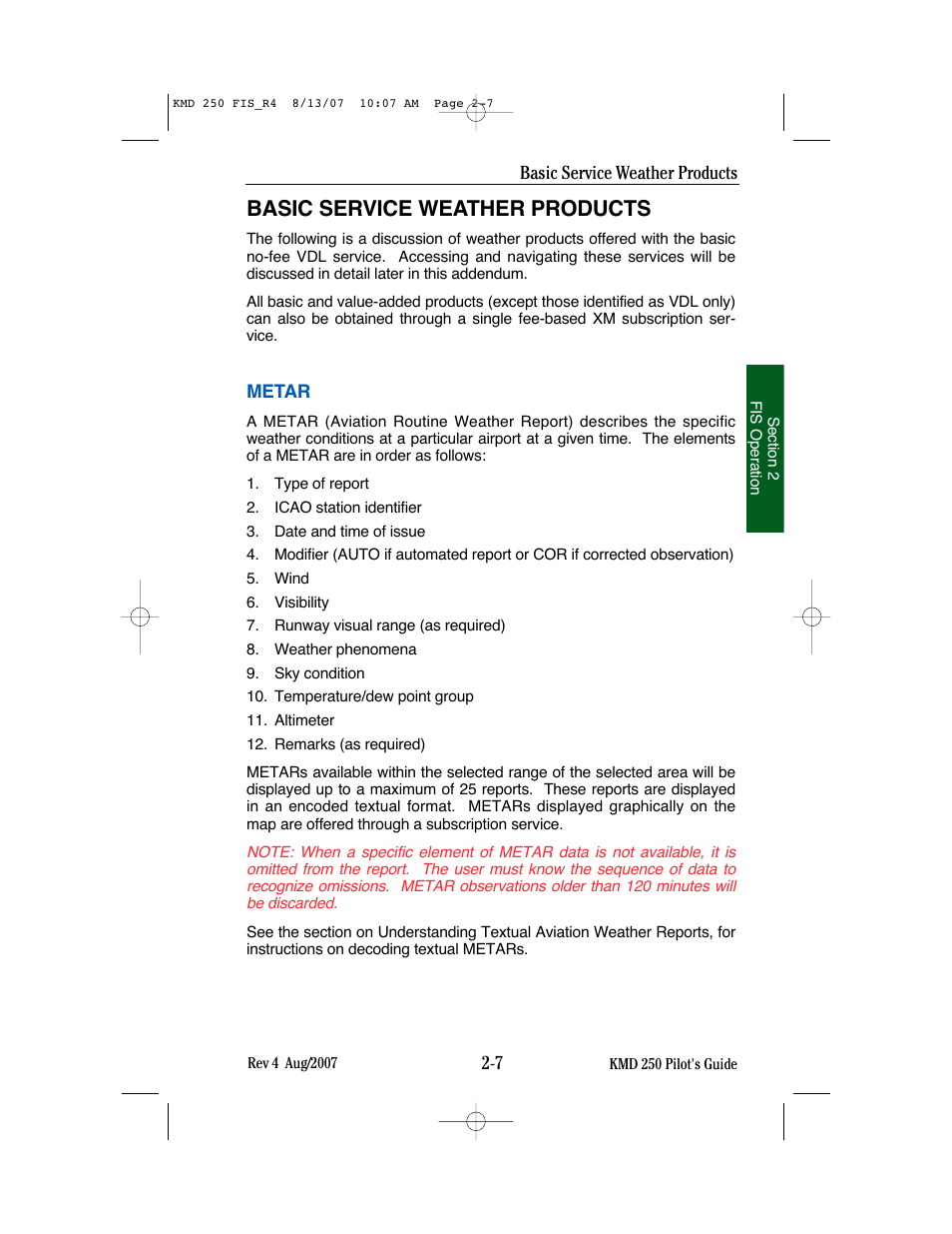 Basic service weather products | BendixKing KMD 250 User Manual | Page 126 / 274