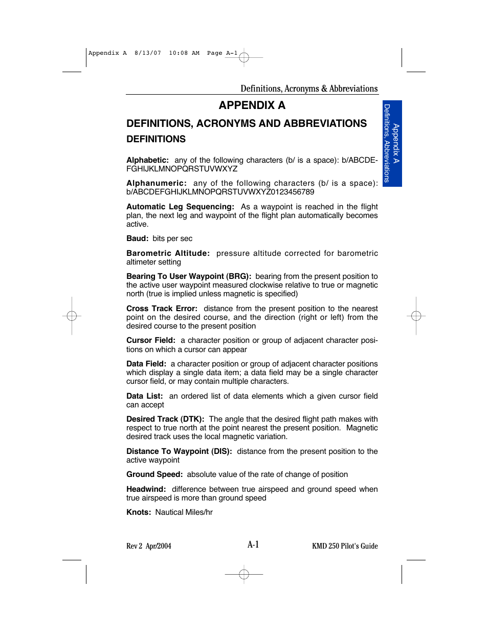 Appendix a, Definitions, acronyms and abbreviations | BendixKing KMD 250 User Manual | Page 228 / 274