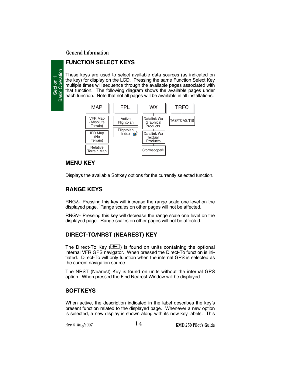 Function select keys, Menu key, Range keys | Direct-to/nrst (nearest) key, Softkeys, General information | BendixKing KMD 250 User Manual | Page 23 / 274