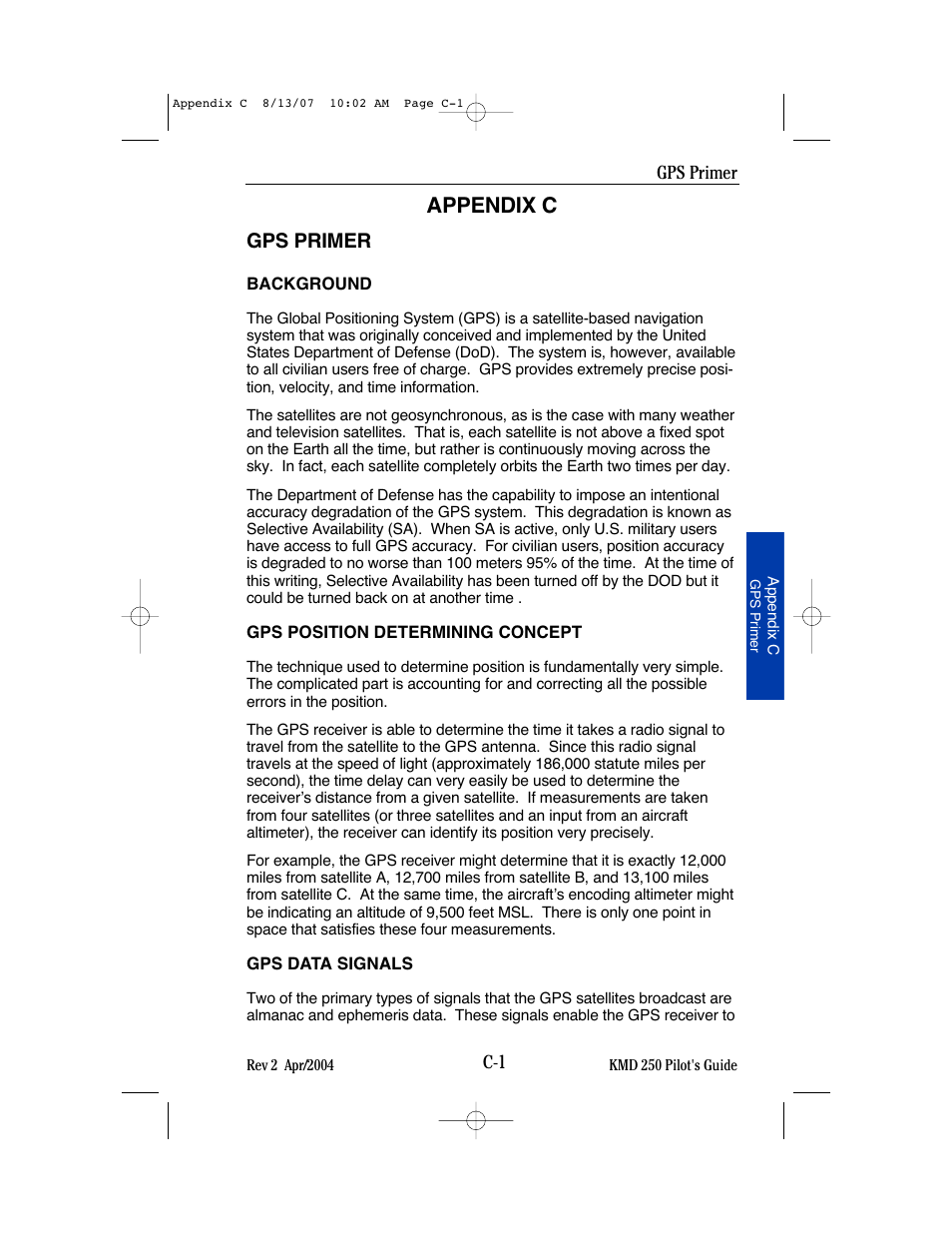 Appendix c, Gps primer | BendixKing KMD 250 User Manual | Page 256 / 274