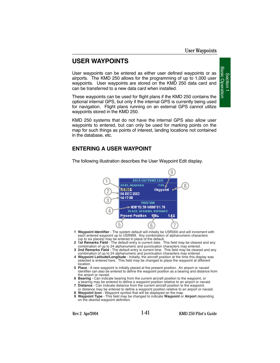 User waypoints, Entering a user waypoint | BendixKing KMD 250 User Manual | Page 60 / 274