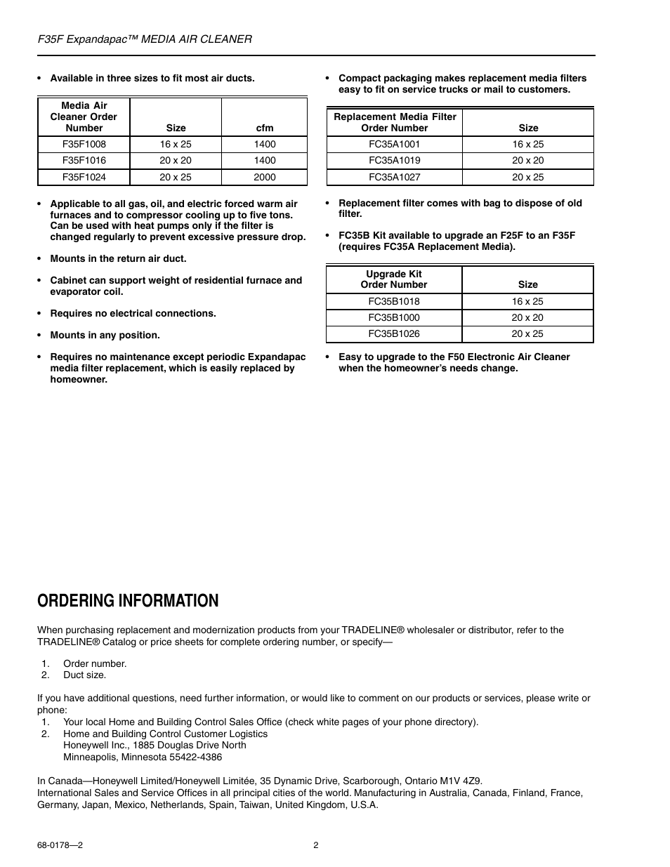 Ordering information | Honeywell EXPANDAPAC F35F User Manual | Page 2 / 12