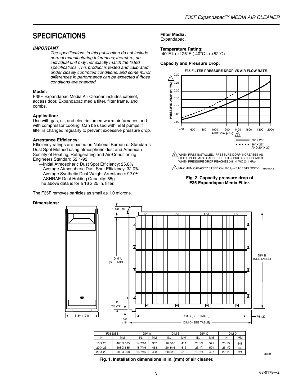 Specifications, F35f expandapac™ media air cleaner | Honeywell EXPANDAPAC F35F User Manual | Page 3 / 12