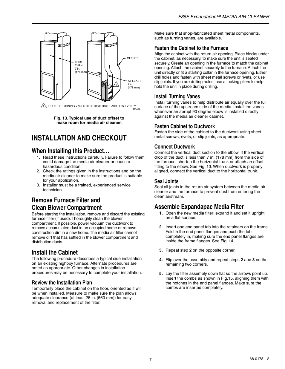 Installation and checkout, When installing this product, Remove furnace filter and clean blower compartment | Install the cabinet, Assemble expandapac media filter | Honeywell EXPANDAPAC F35F User Manual | Page 7 / 12