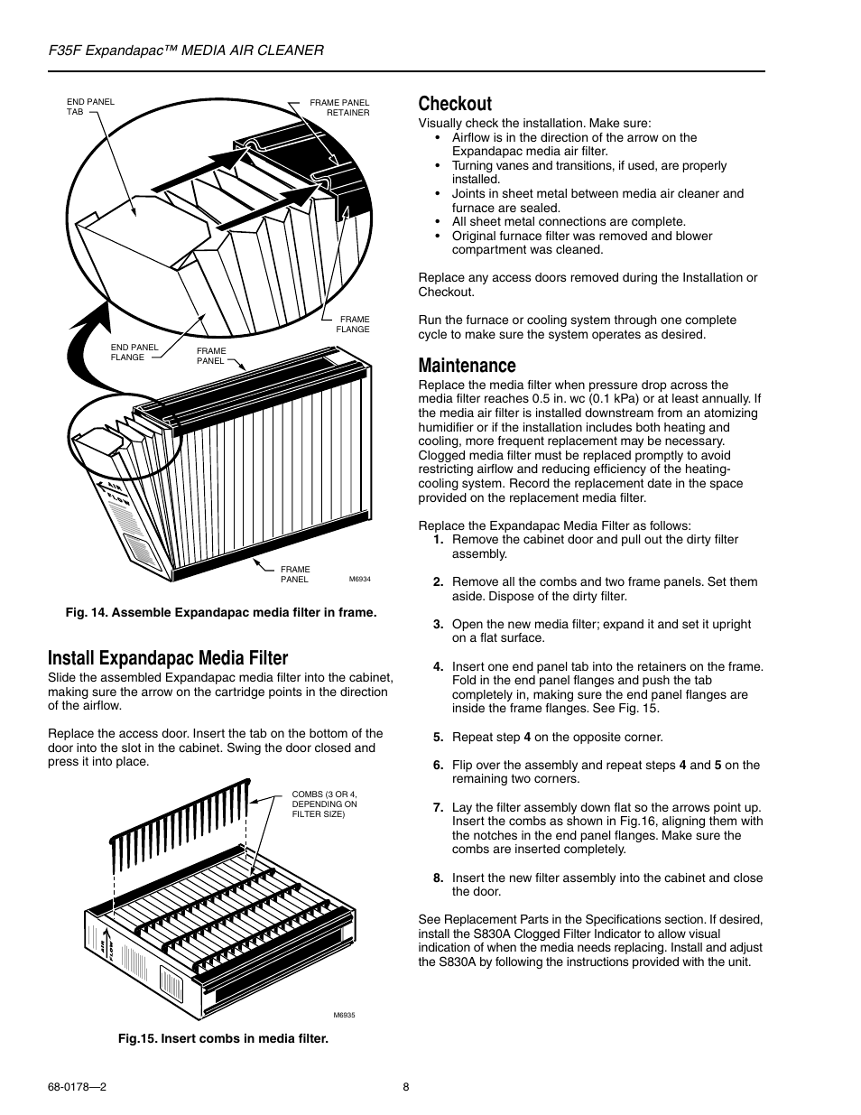 Install expandapac media filter, Checkout, Maintenance | Honeywell EXPANDAPAC F35F User Manual | Page 8 / 12