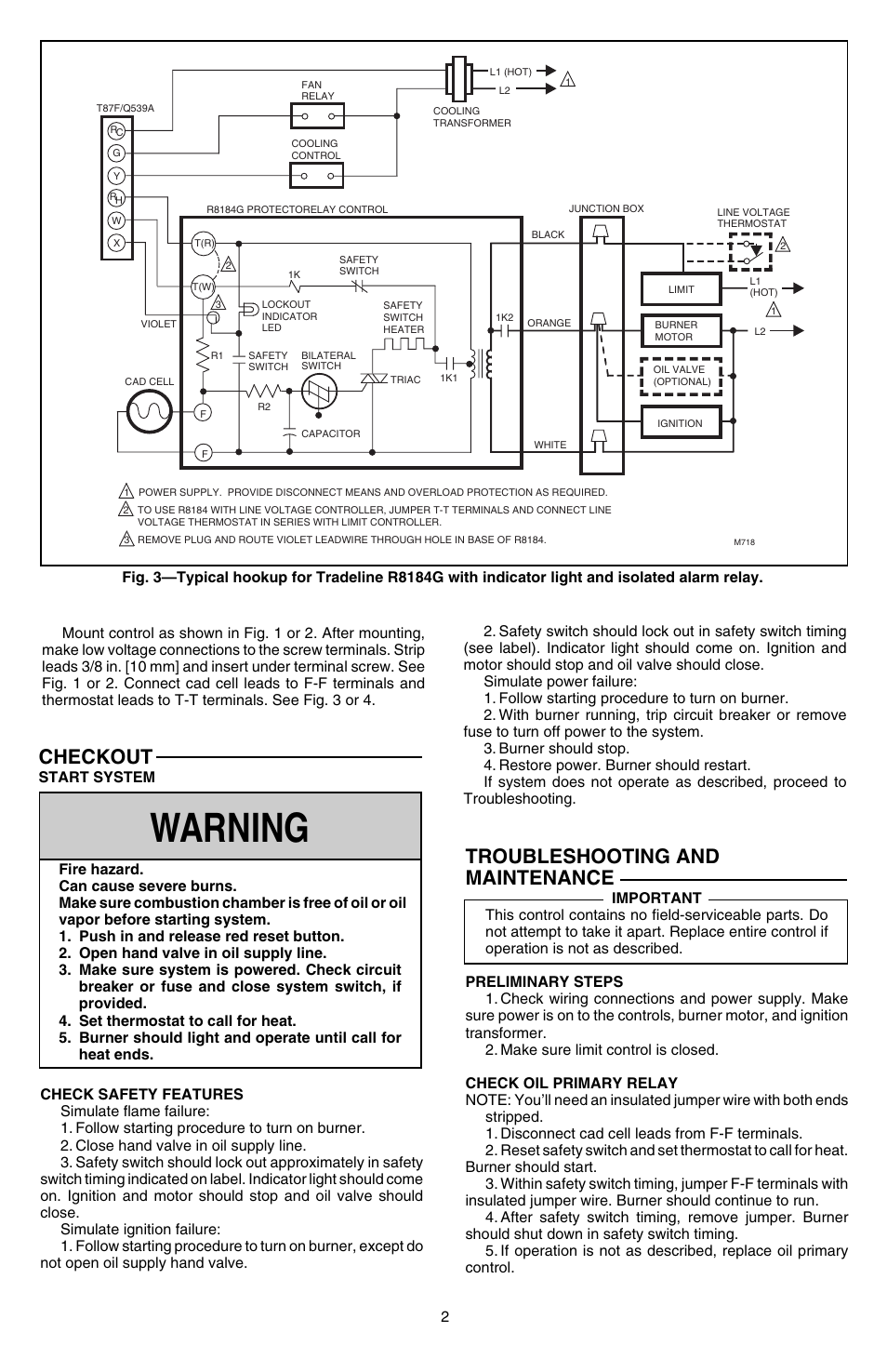 Warning, Troubleshooting and maintenance, Checkout | Honeywell PROTECTORELAY R8184G User Manual | Page 2 / 4