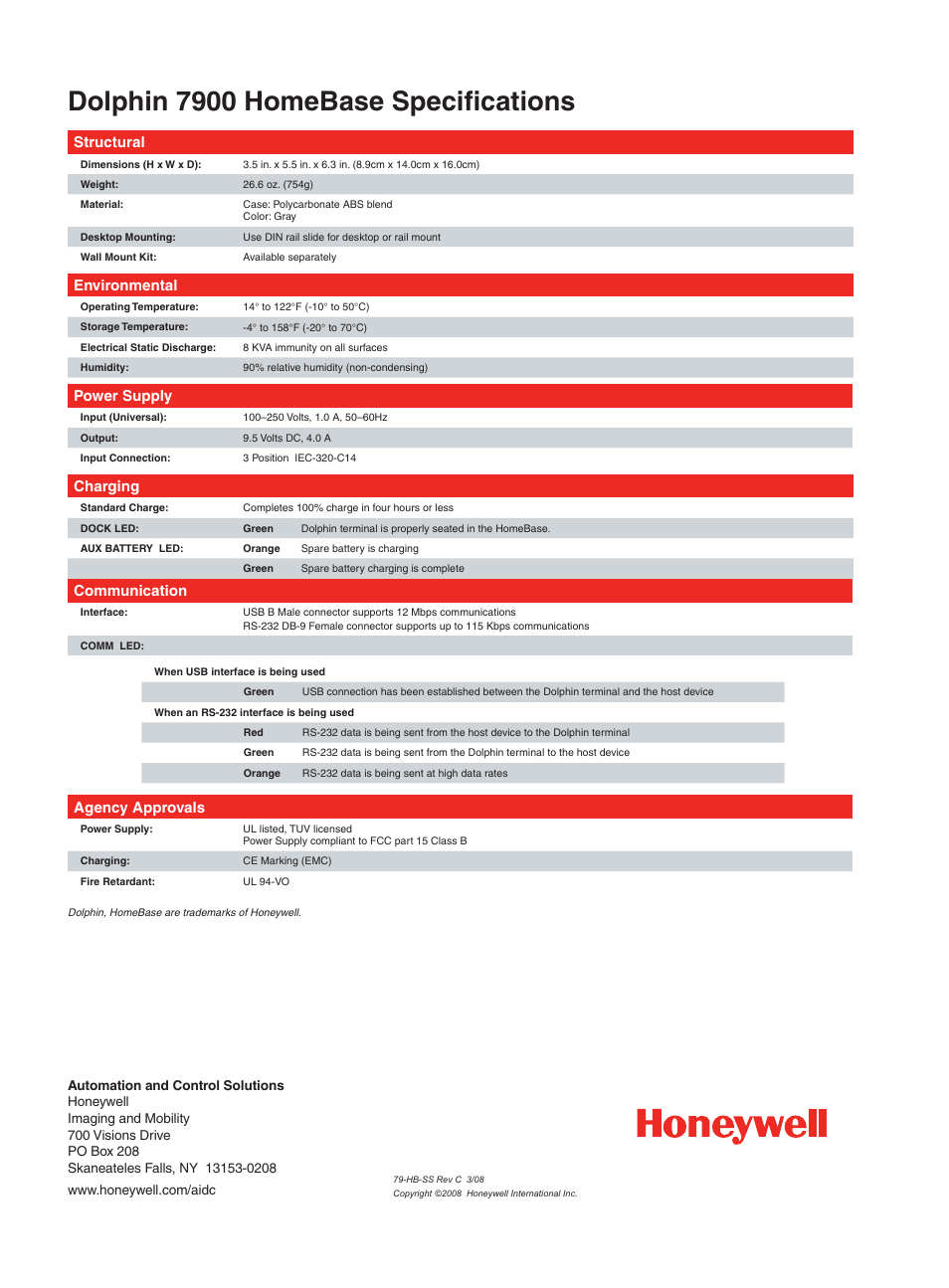 Dolphin 7900 homebase specifi cations, Structural, Environmental | Power supply, Charging, Communication, Agency approvals | Honeywell HomeBase D7900 User Manual | Page 2 / 2