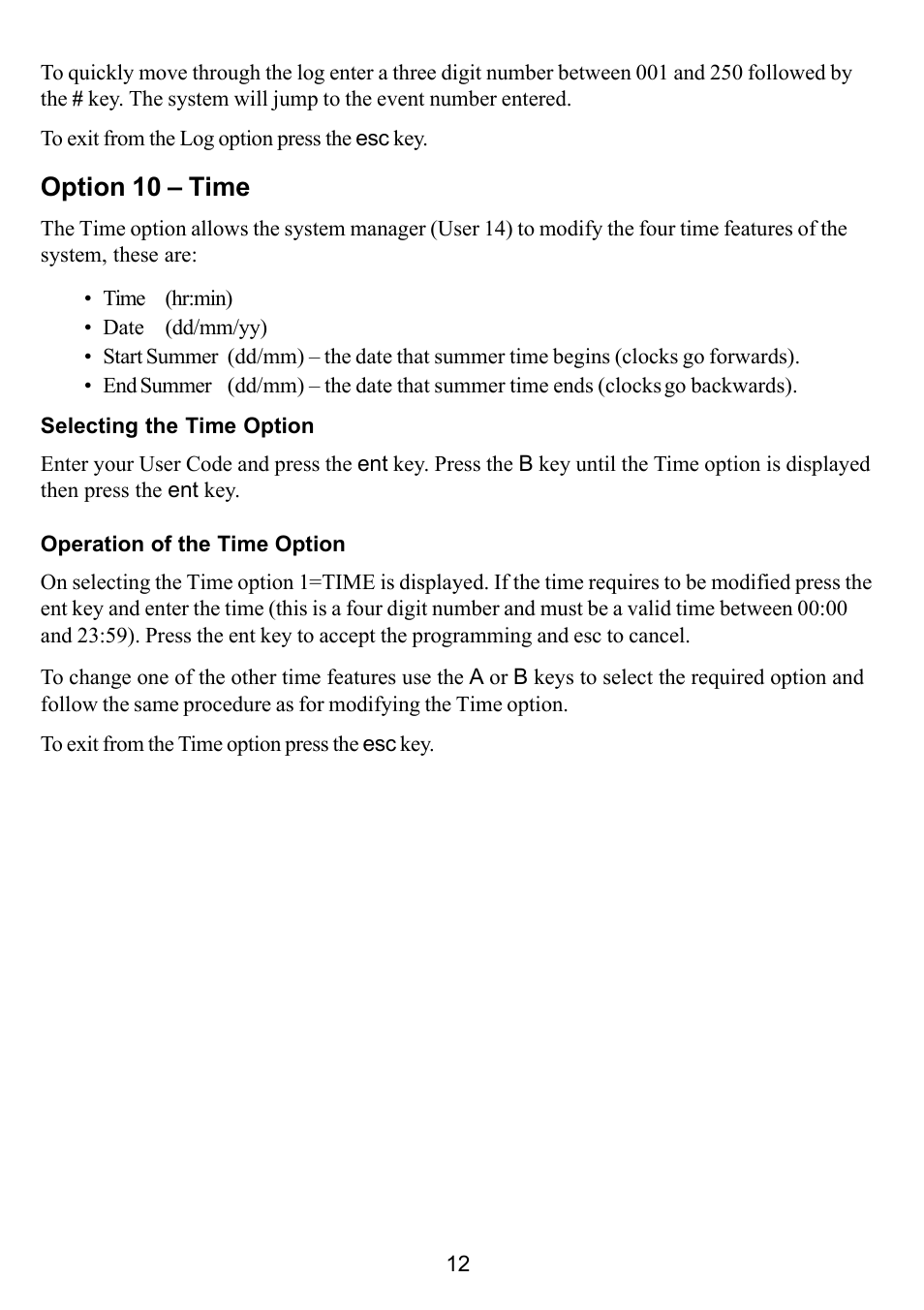 Option 10 – time | Honeywell Galaxy 16 Plus User Manual | Page 22 / 30