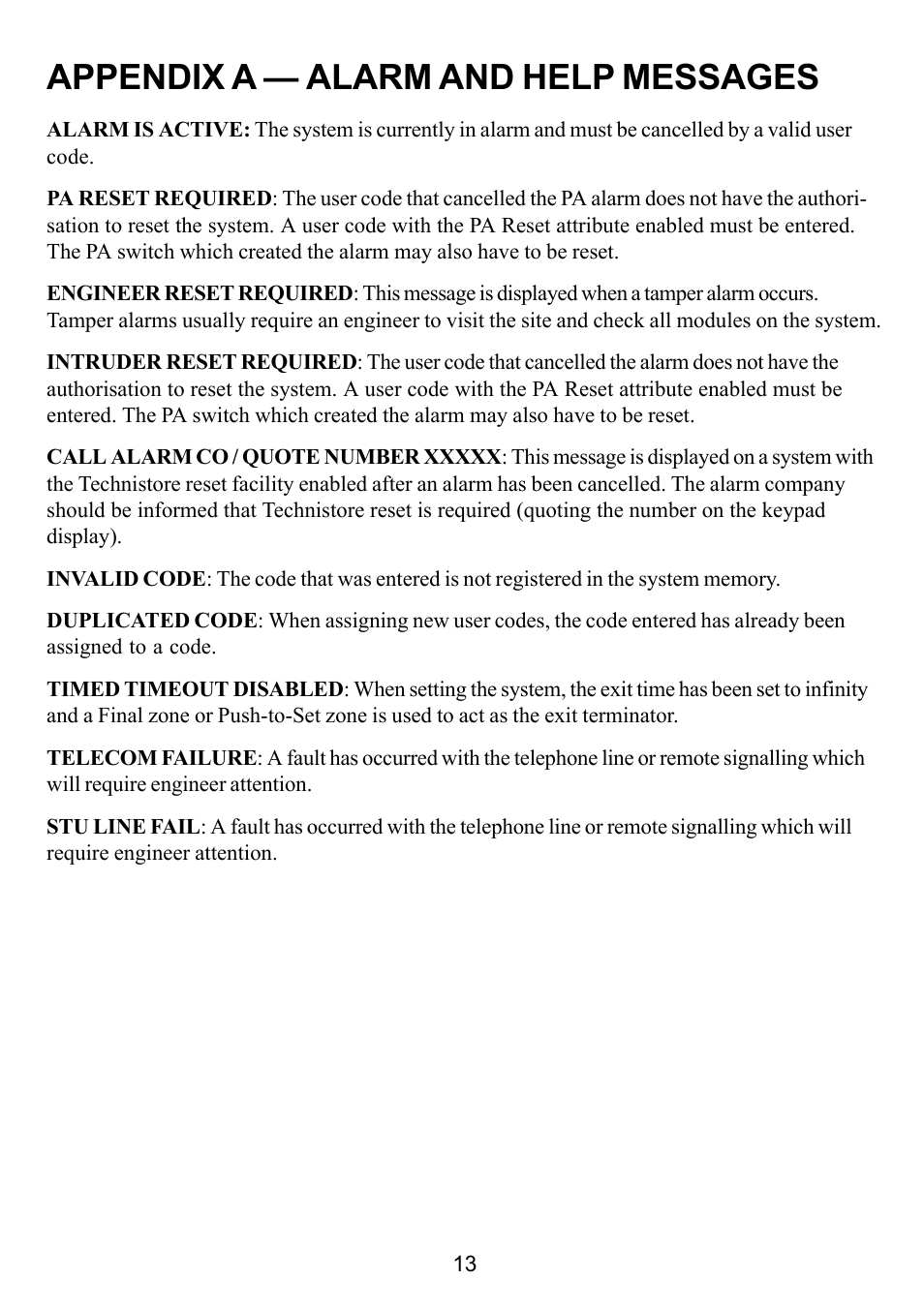 Appendix a — alarm and help messages | Honeywell Galaxy 16 Plus User Manual | Page 23 / 30