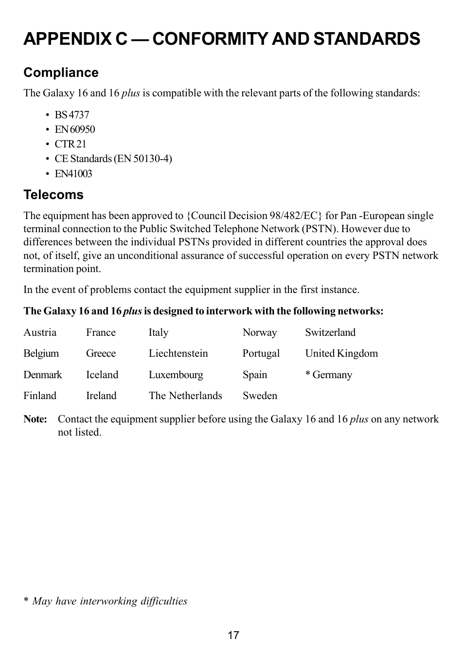 Appendix c — conformity and standards, Compliance, Telecoms | Honeywell Galaxy 16 Plus User Manual | Page 27 / 30