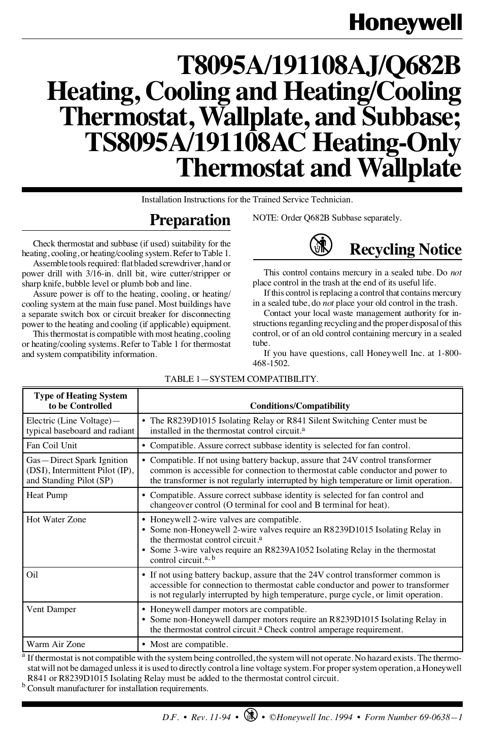 Honeywell 191108AC User Manual | 8 pages