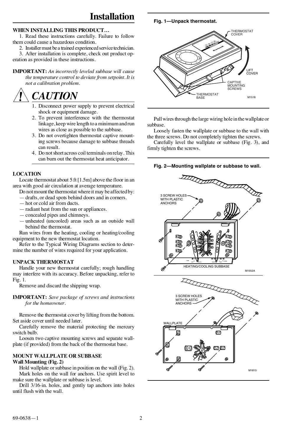 Caution, Installation | Honeywell 191108AC User Manual | Page 2 / 8