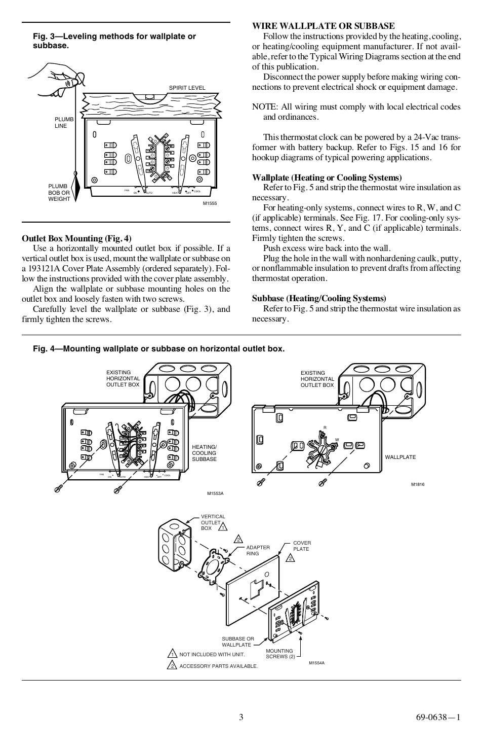 Fig. 3—leveling methods for wallplate or subbase | Honeywell 191108AC User Manual | Page 3 / 8