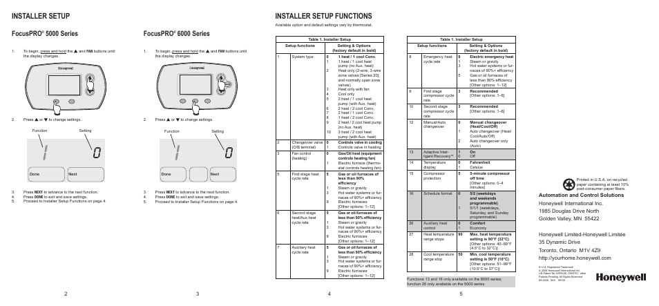 Installer setup, Installer setup functions, Focuspro | 6000 series, 5000 series | Honeywell FocusPRO TH5000 Series User Manual | Page 2 / 2